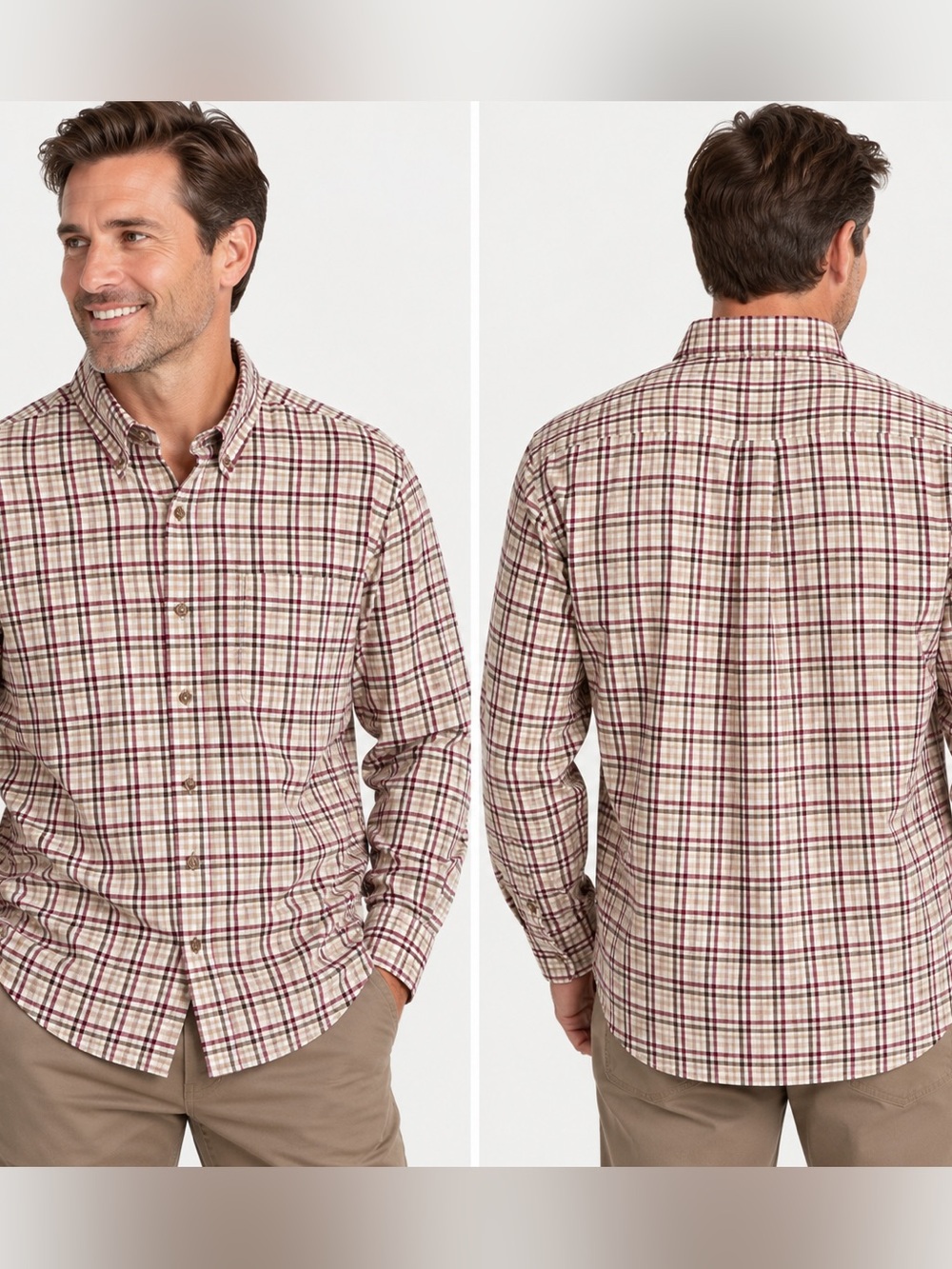 Eddie Bauer Men’s 2XL Plaid Button Down Shirt Burgundy Brown Tan